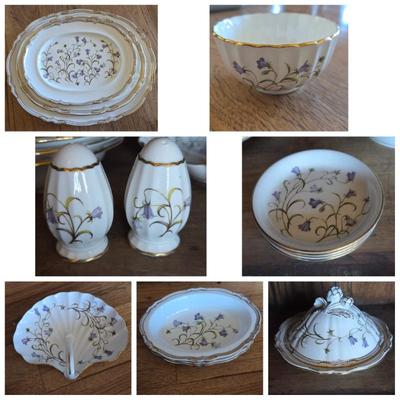 Lot #111 - Spode Campanula Serving Platters & Bowls, Sugar Bowl, Salt & Pepper Shakers, Relish Plates & Covered Casserole