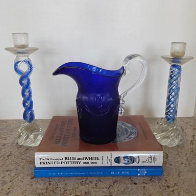 Lot #50 - MMA Bellflower Pitcher, Two Art Glass Candlesticks, "Blue Dog" by Rodrigue & Freundlich, & Blue & White...