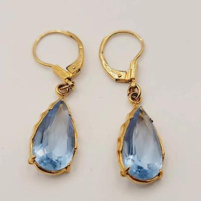 KL Gold Plate AM DBLE Blue Stone Earrings Antique