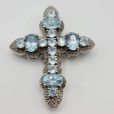 Sterling Blue Topaz Cross Pendant Necklace 925 Silver