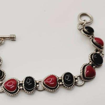 925 Mexico Sterling Silver Bracelet with Red And Black Hearts And Ovals
