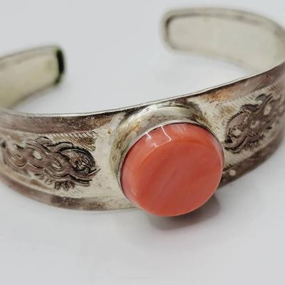 Tibetan Sterling and Faux Coral Cuff Bracelet 925