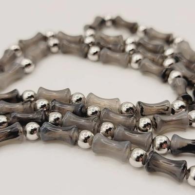 Dorlan Grey & Silver Tone Necklace with Bamboo Or Bone Shape Beads