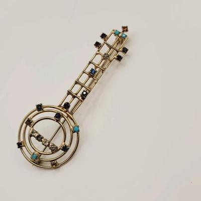 Rainbow Rhinestone Banjo Pin Vintage Brooch