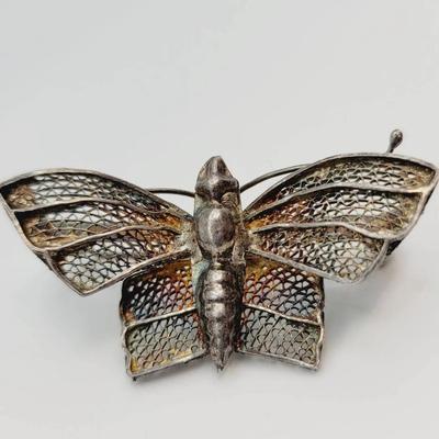 Sterling 3D Chinese Filigree Silver Moth Pin Brooch 