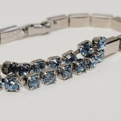 Blue Rhinestone Silver Tone Block Link Bracelet