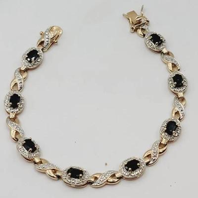 Sterling 925 Diamond Chip And Dark Blue Or Black Stone Bracelet 