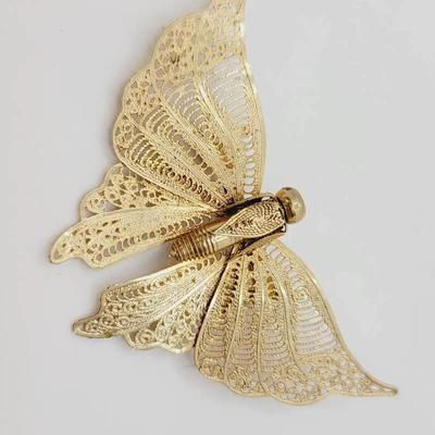 Chinese Filigree Style Moth Pin Gold Tone