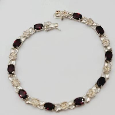 Sterling Red Stone And Rose Link Silver Tennis Bracelet 925