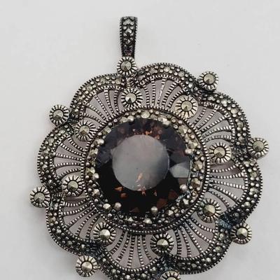 Pin Pendant Smokey Large Solitaire Marcasite Surround Shield Brooch