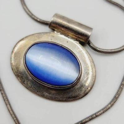 Sterling Mexico Blue Cats Eye Pendant Necklace 925