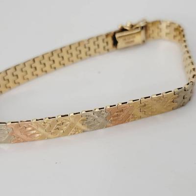 14k Tri Color Mexico Gold Flat Link Etched Bracelet
