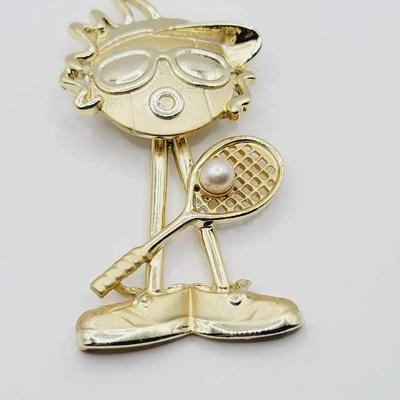AJC Tennis Player Pin Brooch Swivel Head Gold Tone & Simulated Pearl Vintage