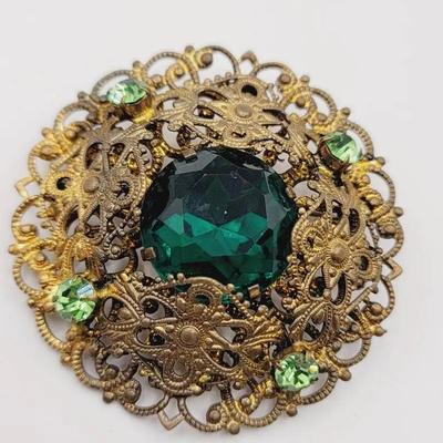 German Or Czech Green Glass Gold Tone Filigree Pin Brooch