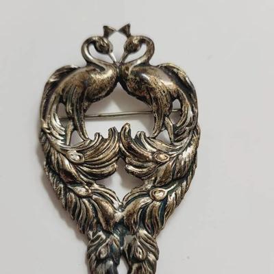 Double Peacock Sterling Pin Vintage