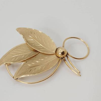 14k Yellow Gold Leaf Pin Vintage Textured Brooch