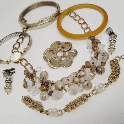 Golden Glow Vintage Jewelry Lot Necklace Bracelets Watch Earrings