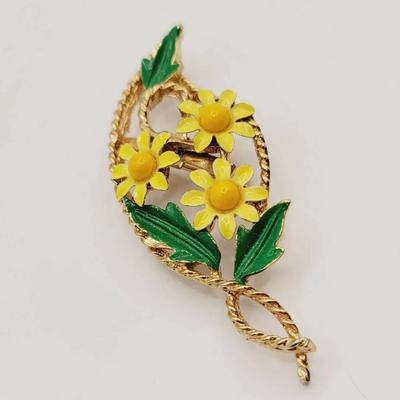 Yellow Daisy Paisley Shape Brooch Pin Enamel & Gold Tone