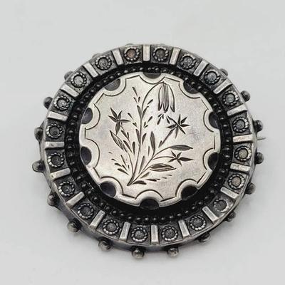 Victorian Sterling Brooch Pin Antique Silver with Floral Etching