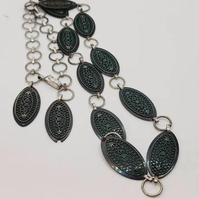 Green And Black Vintage Belt Silver Tone Links