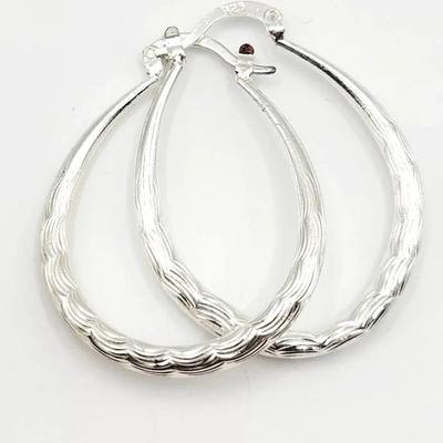 Rhodium Plated Sterling Diamond Cut Oval Hoop Earrings 925