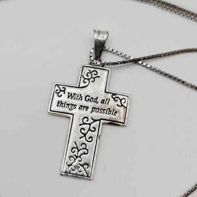 Sterling Cross Pendant "With God All Things.." 925 Silver