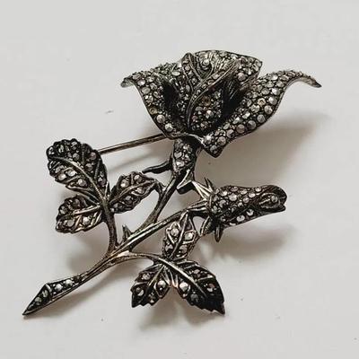 Sterling Marcasite Rose Pin Vintage