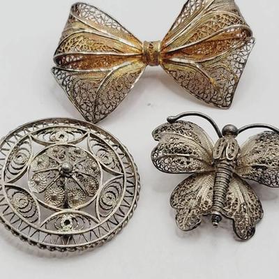 3pc Sterling Filigree Pins - Bow Shield & Moth