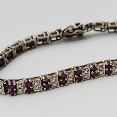 Ruby And Diamond Chip Sterling Silver Tennis Bracelet 925 Silver