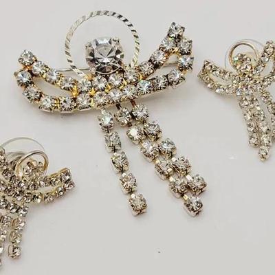 Rhinestone Angel Clear Pin And Earrings Vintage