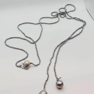 Luc 925 Faceted Silver Bead Necklace Large Grey Pearls
