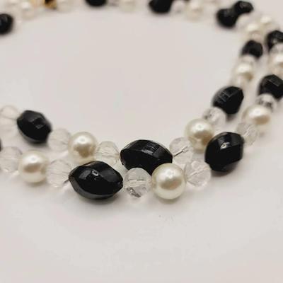 Faceted And Round Bead Clear Black Faux Pearl Necklace Classic Vintage