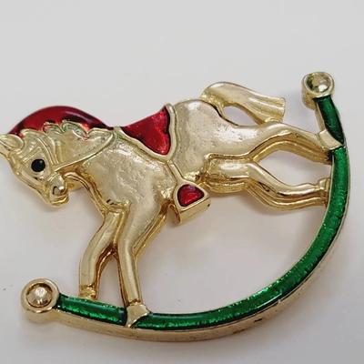 Enamel Gold Tone Rocking Horse Pin Brooch