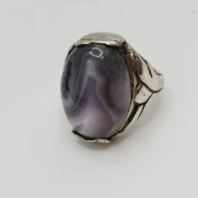 Sterling Lotus Band Amethyst Agate Cabochon Ring Sz 7