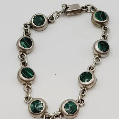 Malachite and Mexico Sterling Bracelet TR-109 Beautiful Green