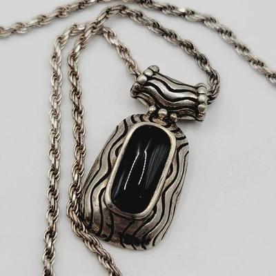 Sterling Onyx Wave Line Pendant Necklace 925 Silver 