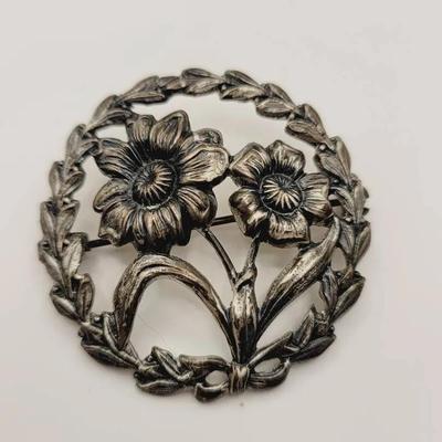 Sterling Floral Repousse Wreath Pin