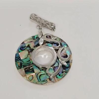 Abalone Inlay and Silver Tone Swirl Disc Pendant