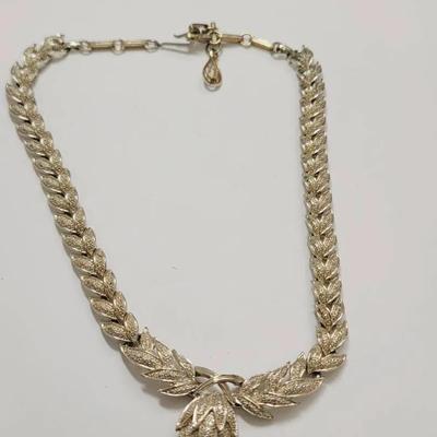 Coro Vintage Layered Leaf Necklace Pale Gold Tone