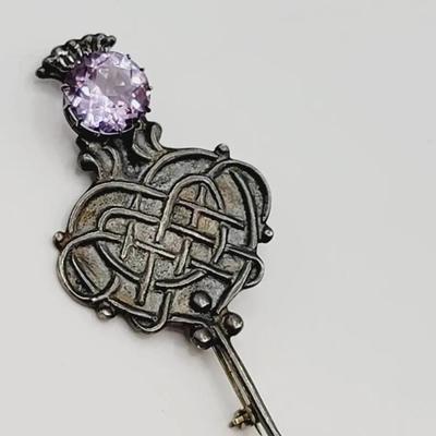 Scottish Sterling Signed Amethyst Thistle Brooch Pin Iona 925