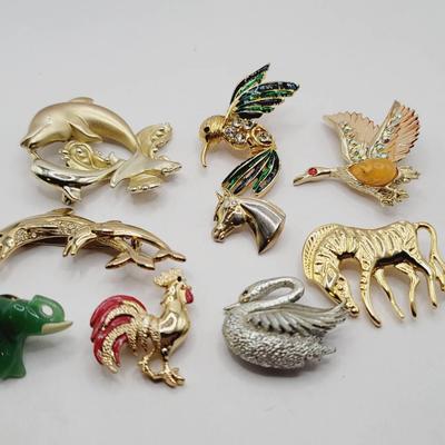 Animal Pins & Brooches Lot Vintage - Horse Bird Dolphin Elephant