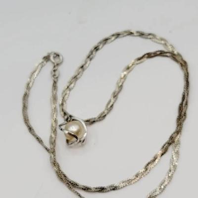 Sterling Braided Flat Chain Necklace with Pearl Pendant