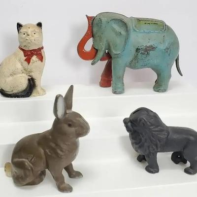Vintage Cast Iron Securtiy First  National Bank Elephant Coin Bank, Plus Reproduction Animal Banks