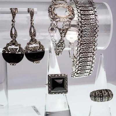 Sterling Silver Marchasite Rings, Bracelet &  Earrings, Plus Floral Link Bracelet