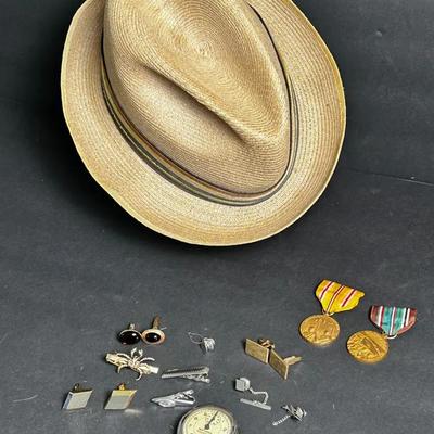 Vintage New Haven 100 Mile Pedometer, Stetson Straw Hat 6 7/8, Tie Tacks, Cuff Links & More