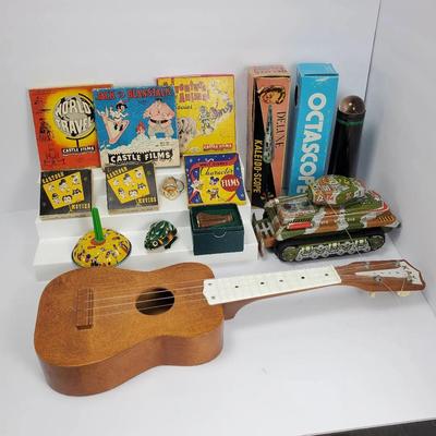 Vintage Tin Litho Tank, Kay Ukulele, Kaleidoscopes & More