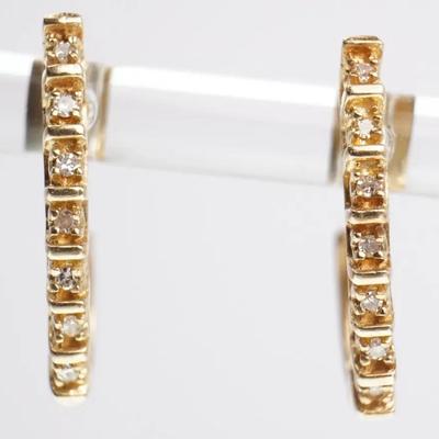 14K Gold Diamond Half Hoop Earrings - 7/8" Long