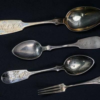 Coin Silver 19th Century Spoons (3) & Sterling Strawberry Fork