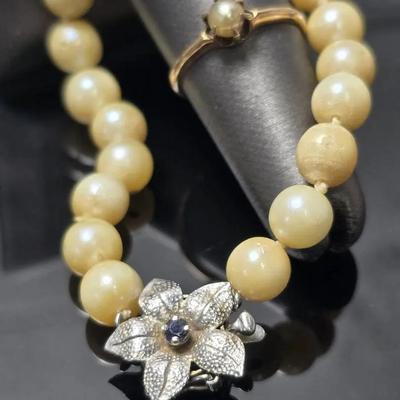 14K Gold Pearl Ring & 14K & Sapphire Floral Clasped Pearl Necklace