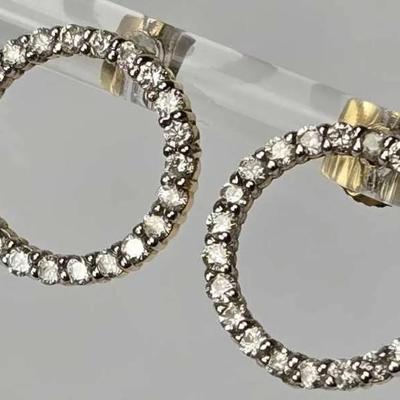 14K Gold Diamond Circle Earrings - .5" Dia